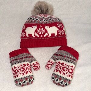Cozy Red and Gray Knit Hat and Mittens Set size 4 Toddler